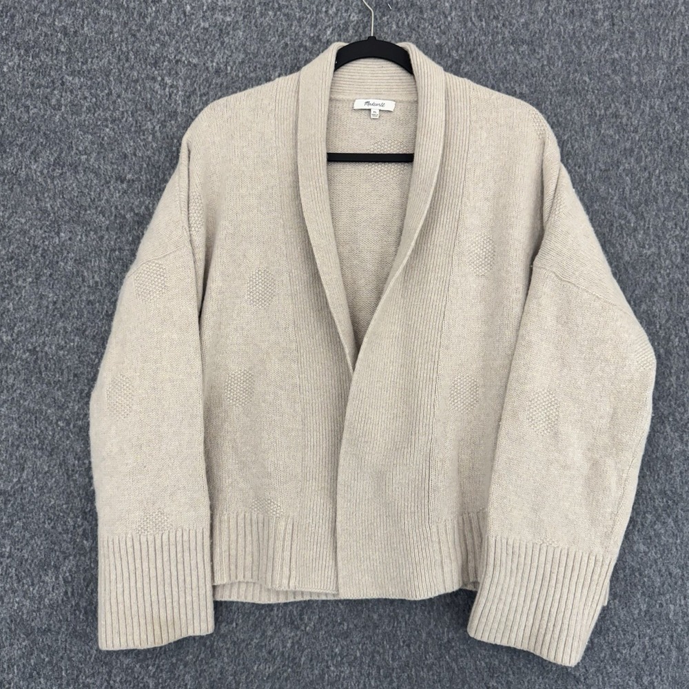 Madewell Wrap Cardigan Sweater XL Beige Merino Wool Polka Dot Open Front No Belt